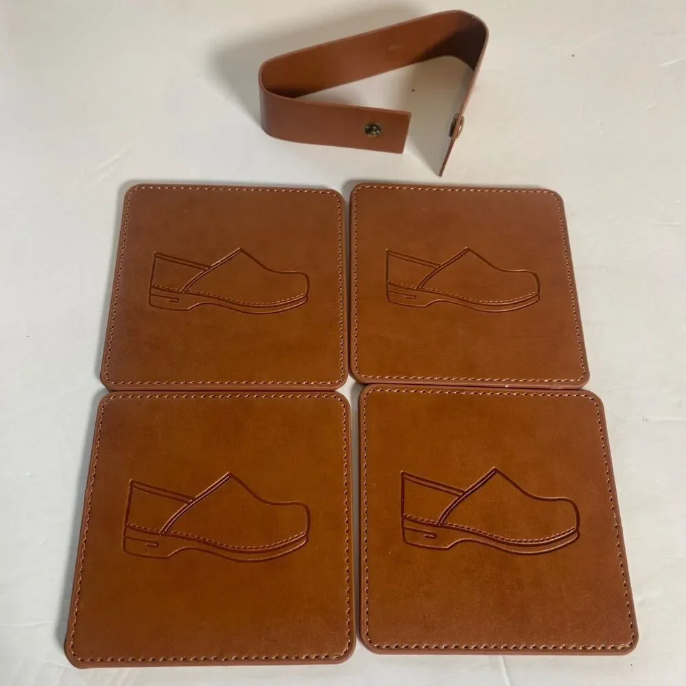Dansko Leather Coaster Set of 4 Brown Logo Shoe Imprint 3.5” Square Nurse Gift